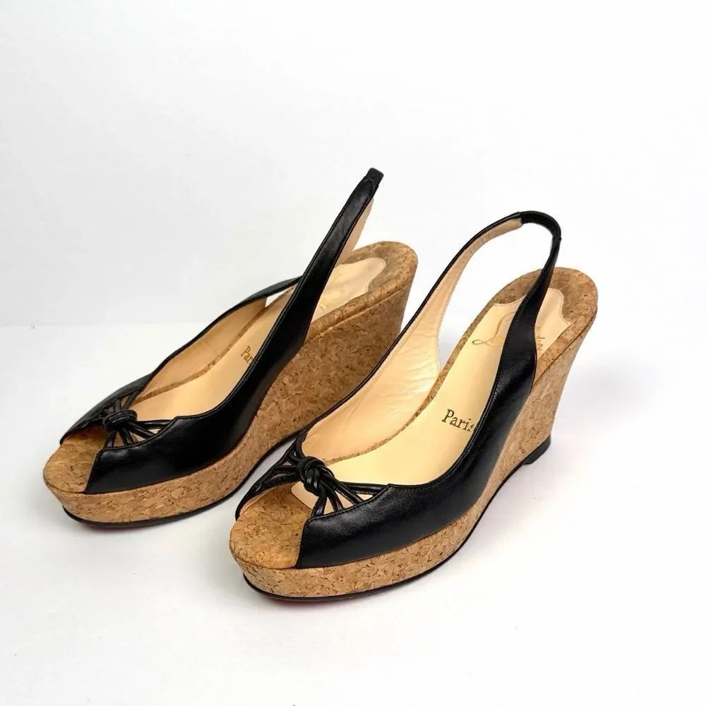 Christian Louboutin Cork Wedges Sandals Black Leather Peep Toe Slingback US 8